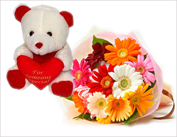 6 Gerberas and a small Teddy Bear; Express your special thoughts with this combination of Gerberas and a Cute Teddy Bear.